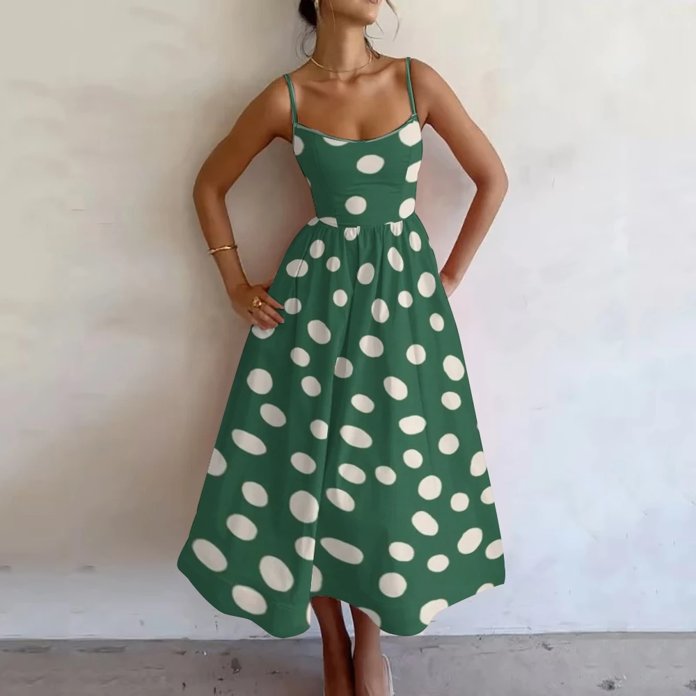 Women's White Polka Dot Printed Grass Green Slip Dress Party Outfit Oversized size Sexy Summer Hot Selling One-Piece Long Skirt