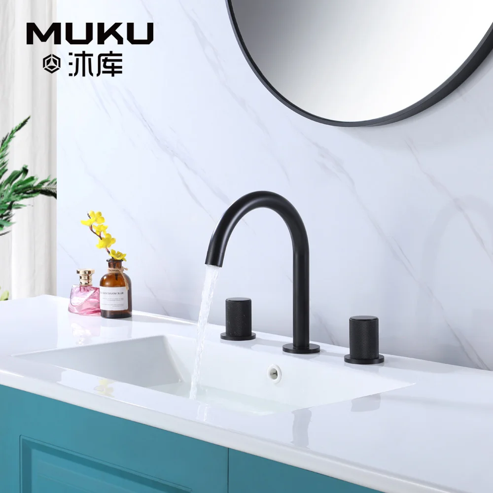 

Bathroom Three Hole Double Handle Washbasin Faucet Black All Copper Cabinet Widespread Cold & Hot Water Mixer Tap Basin Faucet