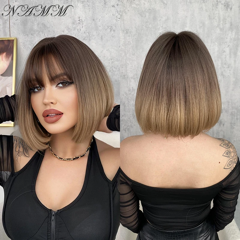 NAMM Short Bob Wigs  Color Straight Wigs Women Synthetic Wig with Bangs Female Cosplay Hair Heat Resistant