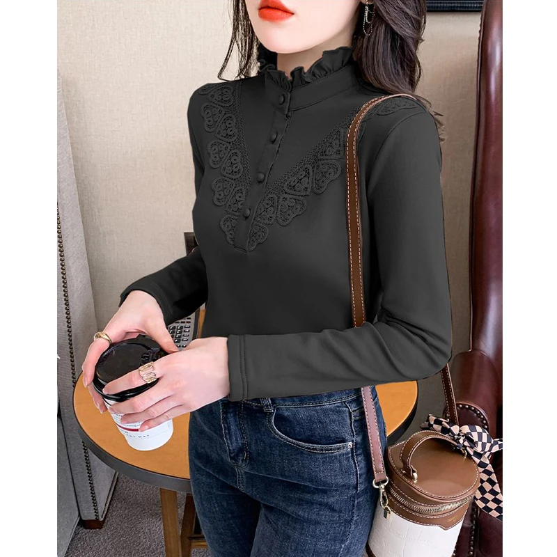 Women\'s Ruffle Lace Button Elegant Chic Half High Collar Basic T-shirts Autumn Winter Warm Long Sleeve Slim Top Female Clothing