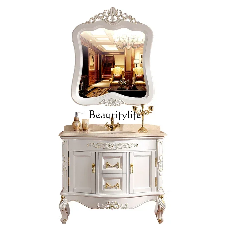 LXEuropean bathroom cabinet combination red oak hand wash basin cabinet solid wood floor bathroom marble basinSSS
