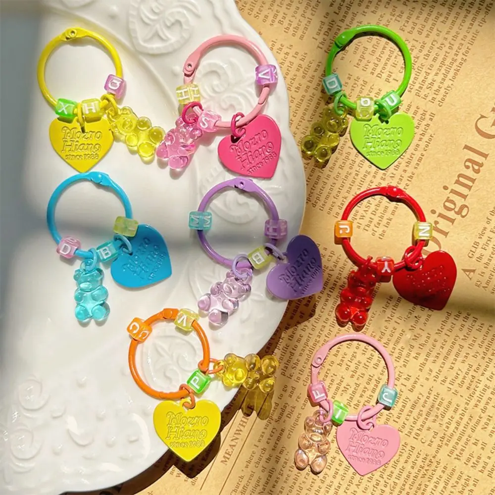 Cartoon Bling Heart Bear Key Ring Candy Color Transparent Resin Gummy Bear Keychain Letter Bag Decoration Lovely Bag Pendant