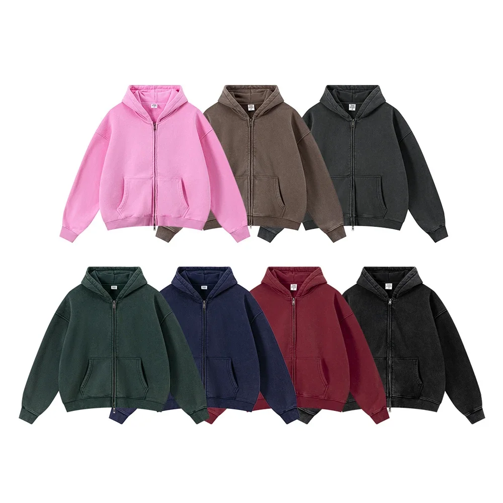 

ZODF Vintage Washed Fleece Zipper Hoodie Unisex Boxy Oversized Fit Distressed Warm Hooded Coat Jacket Casual Streetwear