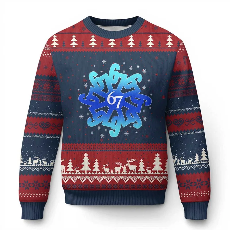 2027 Six Seven 67 Ugly Christmas Sweater Funny Number Meme Graphics on Crewneck Sweaters for Men Women and Holiday Party Looks