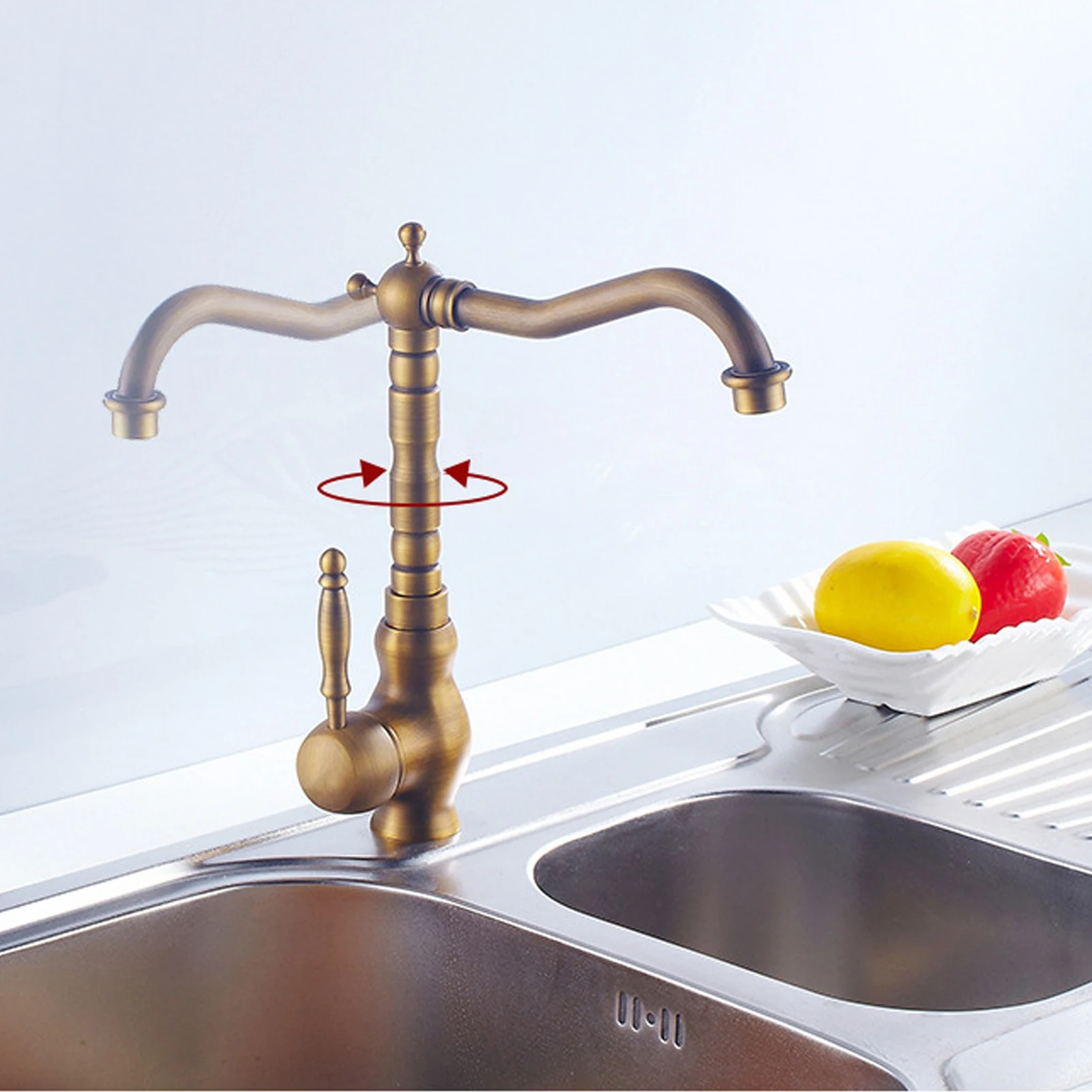 Antique Kitchen Faucet Gold All Copper European Antique Hot Cold Mixed 360° Rotating Kitchen Bathroom Sink Faucet