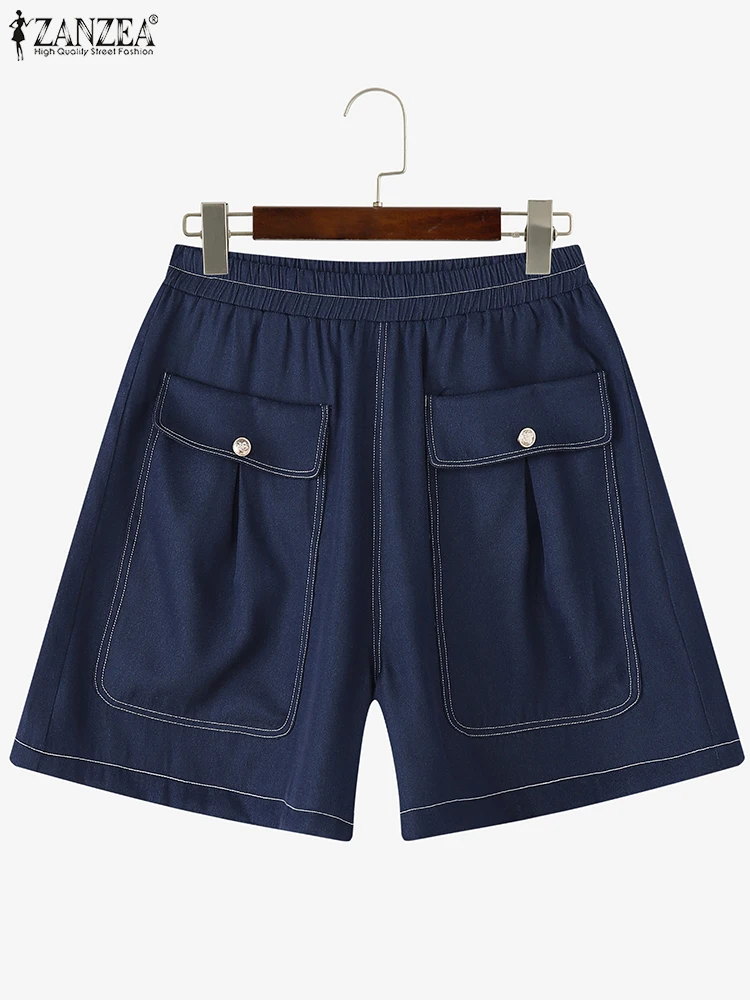 

Elastic Waist Shorts Women Casual Loose Denim Bottoms ZANZEA Fashion Pockets Buttons Summer Short Trousers Oversized 2025 S-3XL