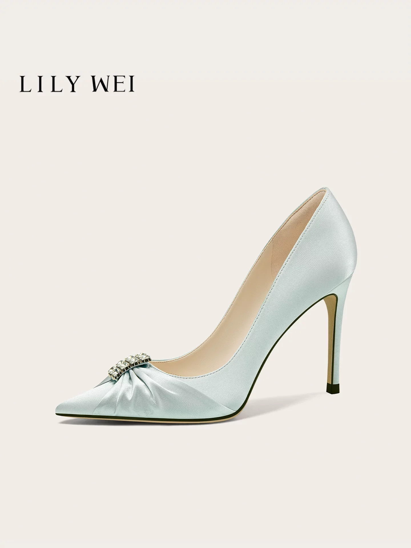 Spring pointed shallow mouth rhinestone silk bow fine order shoes banquet large size small size widened high heels women's shoes