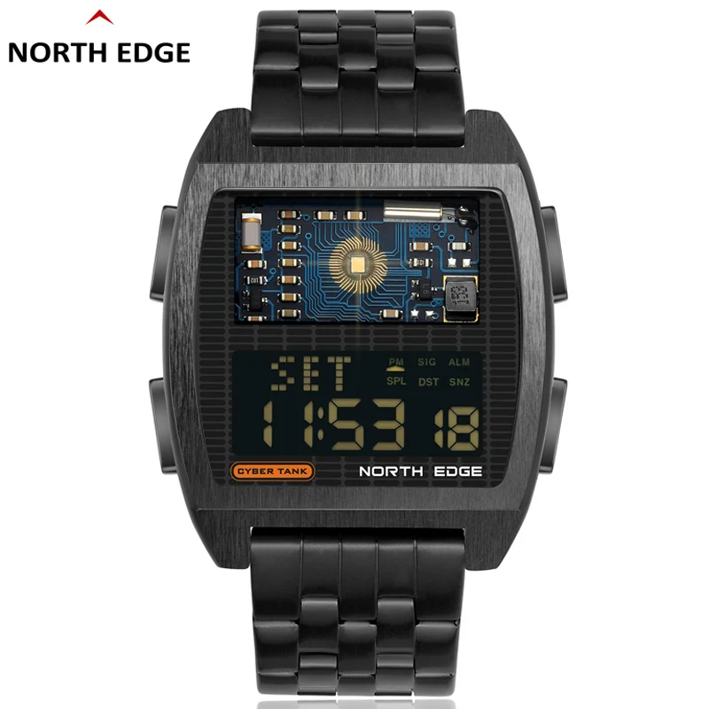 NORTH EDGE New Men's Steel Watches Retro Industrial Style Waterproof 50M World Time LED Digital Watch For Man Relogio Masculino