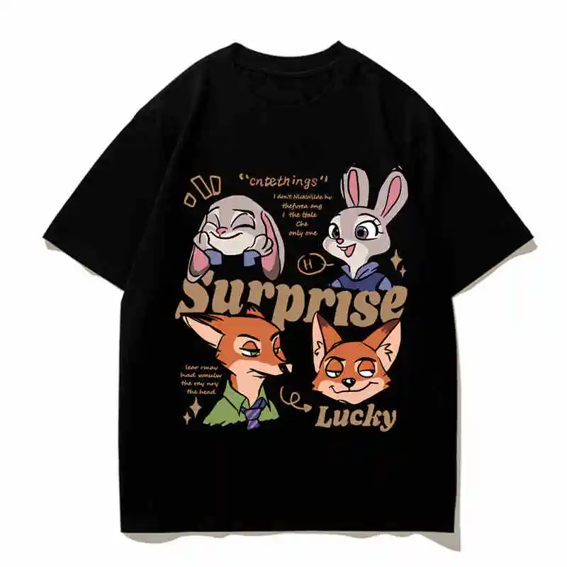 T-Shirts Judy Nick Fox Couple Outfit Adult Cotton Loose Comfortable Men And Women Clothes Tops Crazy Zootopia Periphery 2024 New