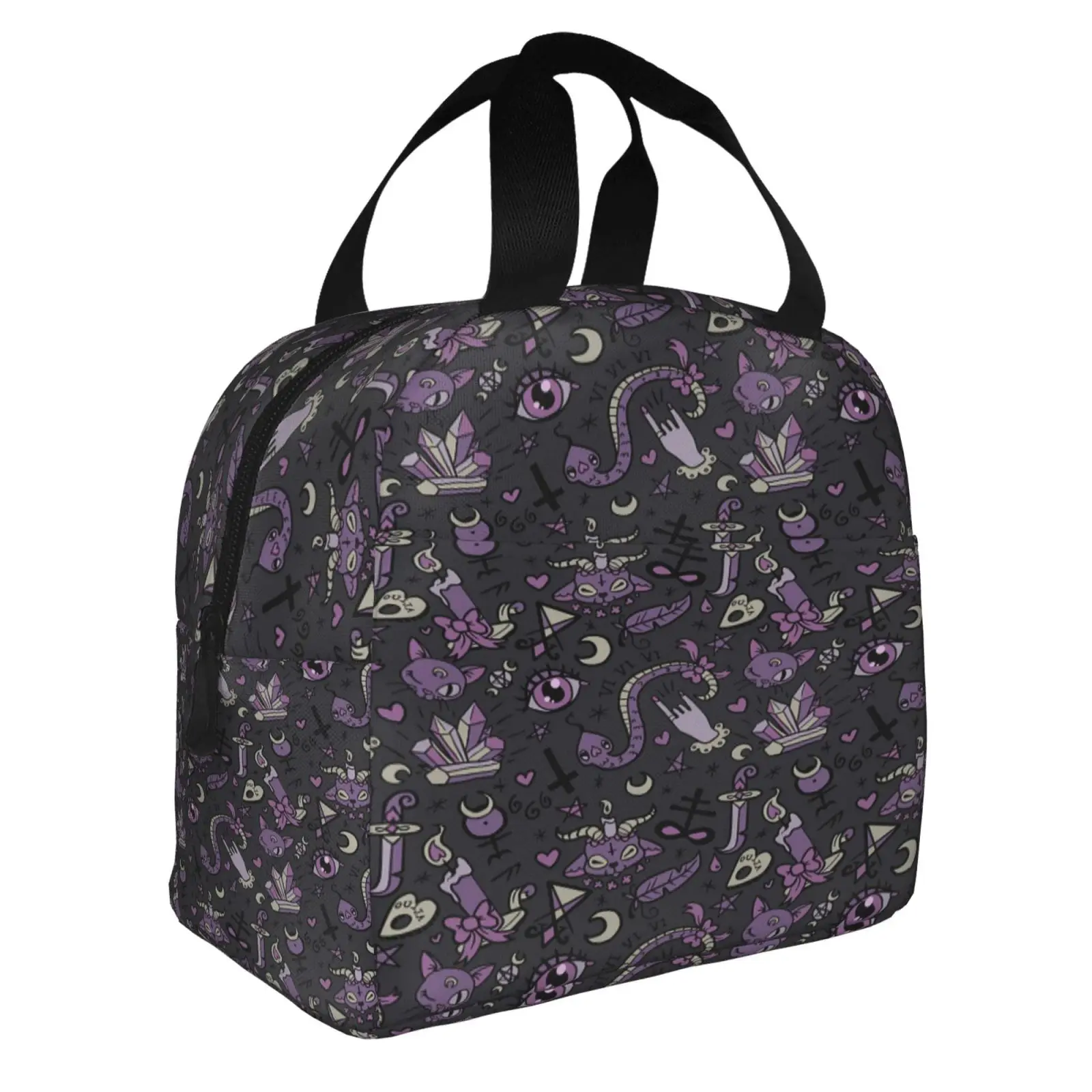 Magic Goth Spooky Gray Purple Black Lunch Tote Bag Insulated Leakproof Lunch Box Container with Front Pocket for Girls Boys
