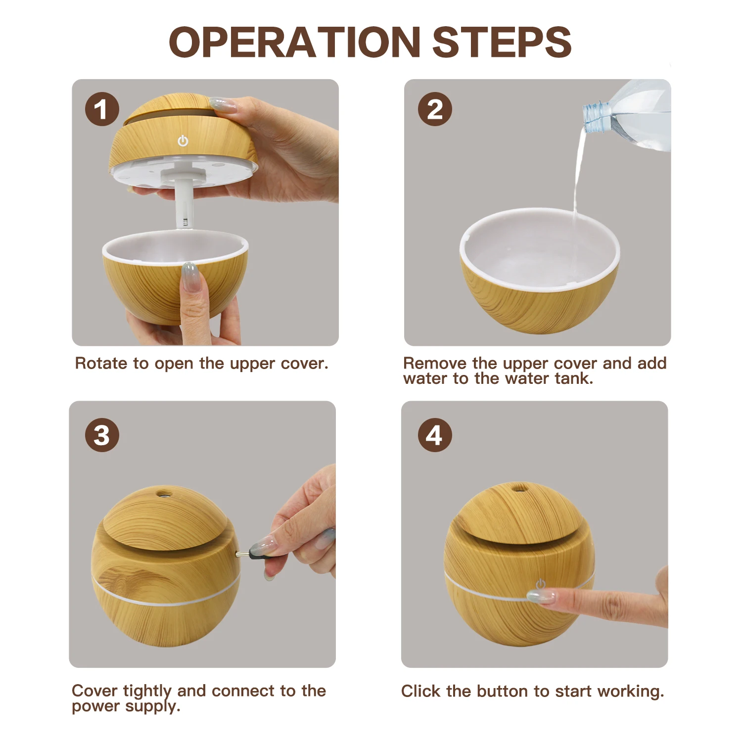 에센셜 오일 디퓨저, 아로마 디퓨저, 소형 에센셜 오일 가습기 200ml 우드 그레인 초음파 쿨 미스트 7가지 색상