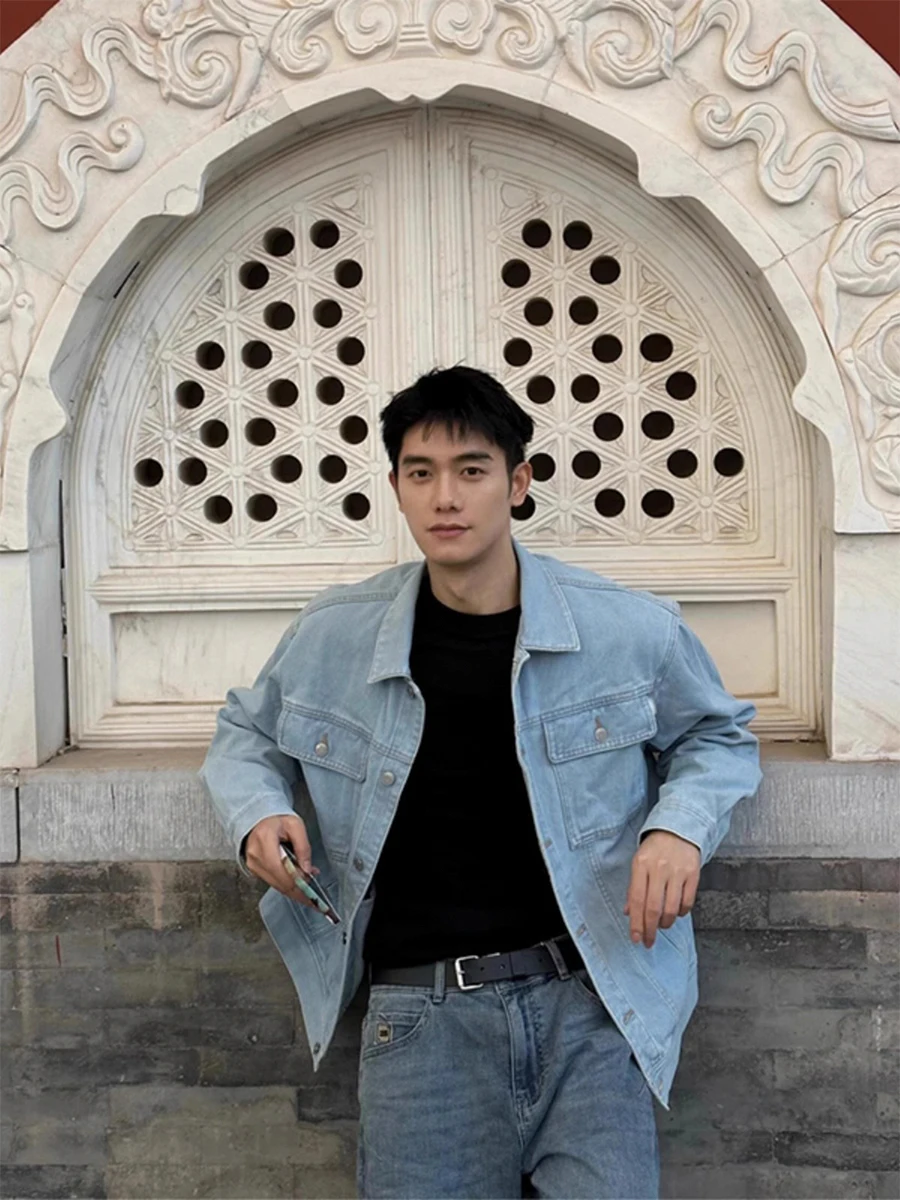 

Light Blue Vintage Denim Jaet Men's Spring Autumn Workwear Sle Long Sve Loose Fit Outerwear for Teenagers