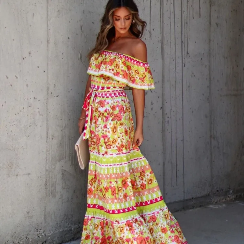 Boho Sexy Backless Dress Summer Fahion Floral Print Off Shoulder Wrap Chest Ruffle Splic Vacation Long Dresses Beach Party Robe