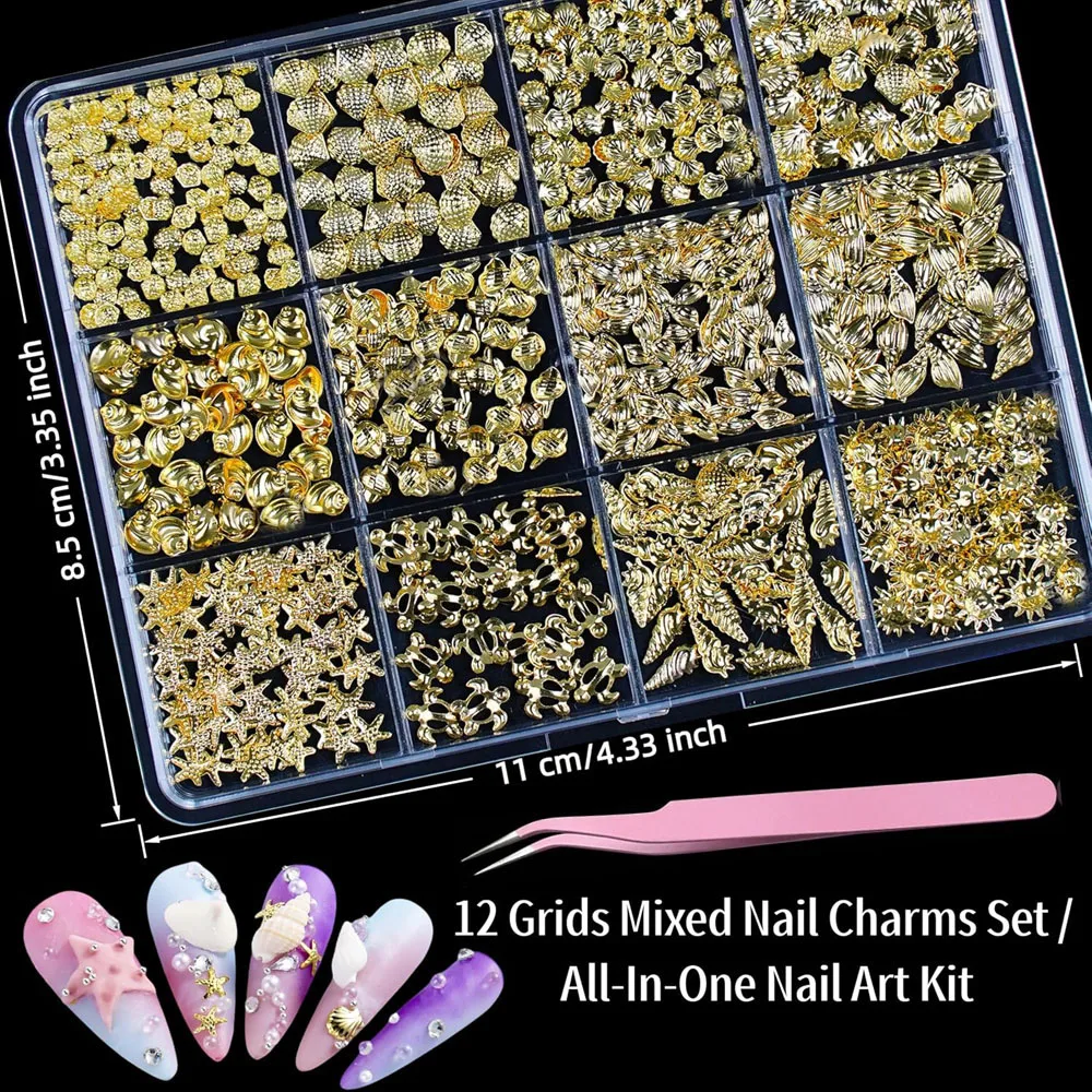 12grids Mixed Metallic Gold Shell Starfish Turtle Nail Stud Golden Ocean Metal Nail Charms With Pink Tweezers Manicure Stud Set