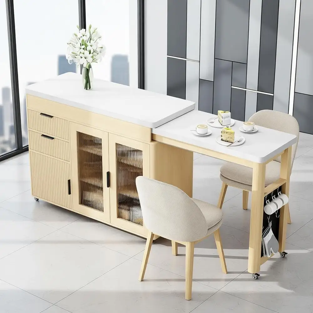 جزيرة مطبخ أوك مع طاولة قابلة للتمديد، وعربة دوارة، وسطح كوارتز، وحدة تخزين، ورف توابل ودرج