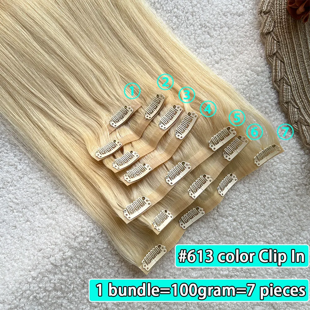 

#613 Blonde Clips In Hair Extensions Human Hair Straight Natural Hair Extensions Feel Soft Hairstyle 100g/Bundles For Women