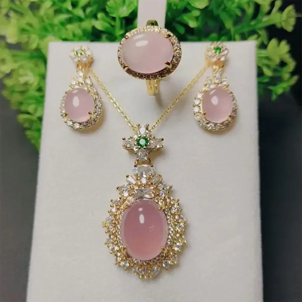 Women Pink Jade Jewelry Set Genuine Myanmar Jadeite Emerald Zircon Oval Pendant Necklace Earring Ring Jade Luxury Jewelries Sets