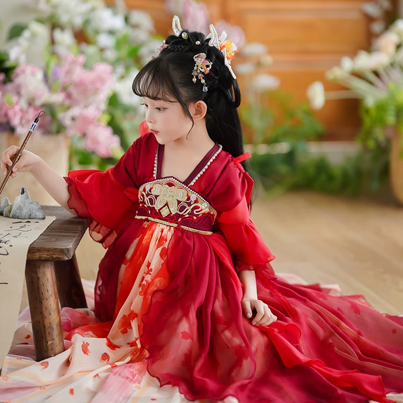 316 2024 Summer Children's Tangzhuang Hanfu Dress Ancient Chinese Style Skirt 3-13 Year Old Girls Chiffon Clothing