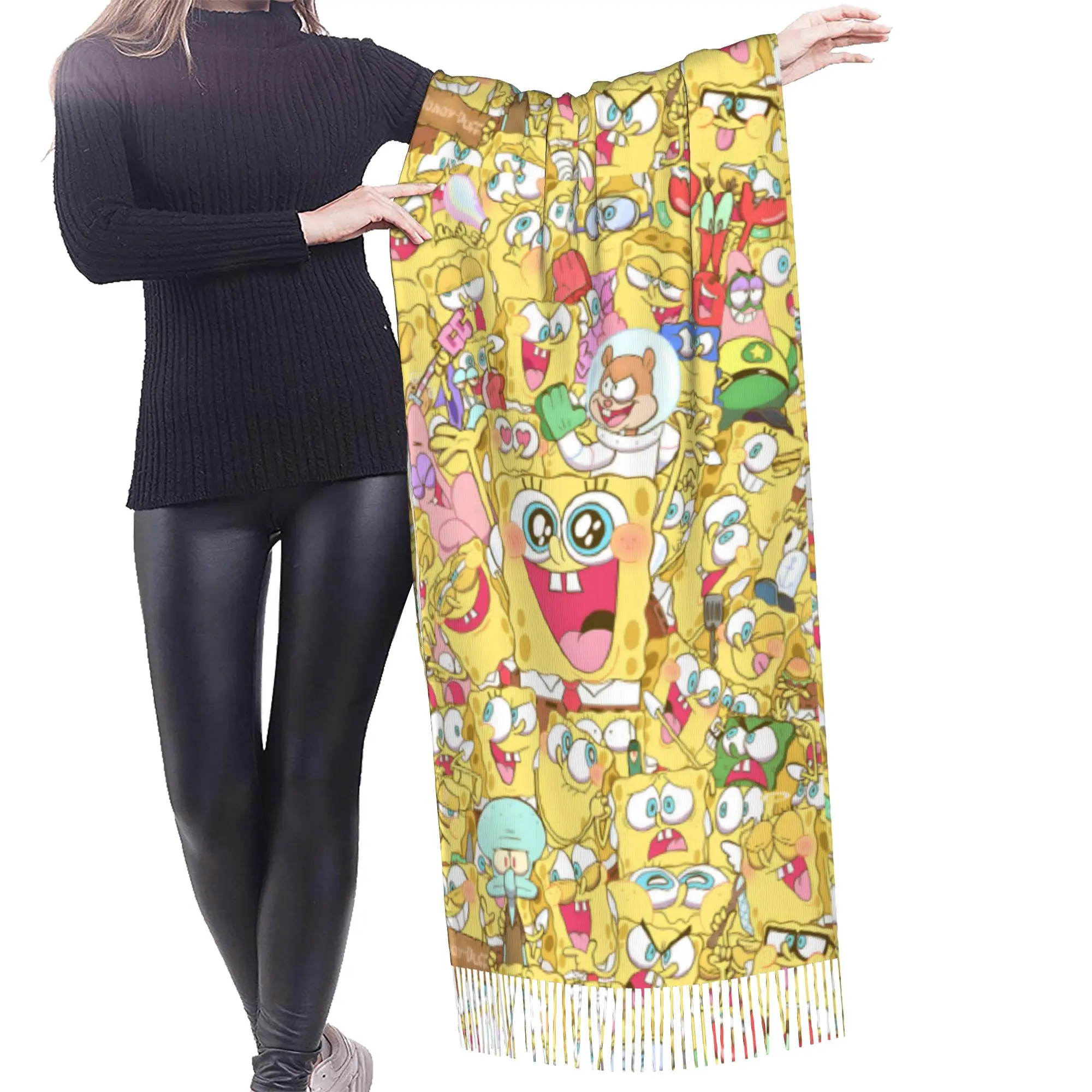 Custom S-Sponges Anime Bobes Scarf Wrap Women Long Winter Warm Tassel Shawl Unisex Starfish Cartoon Scarves