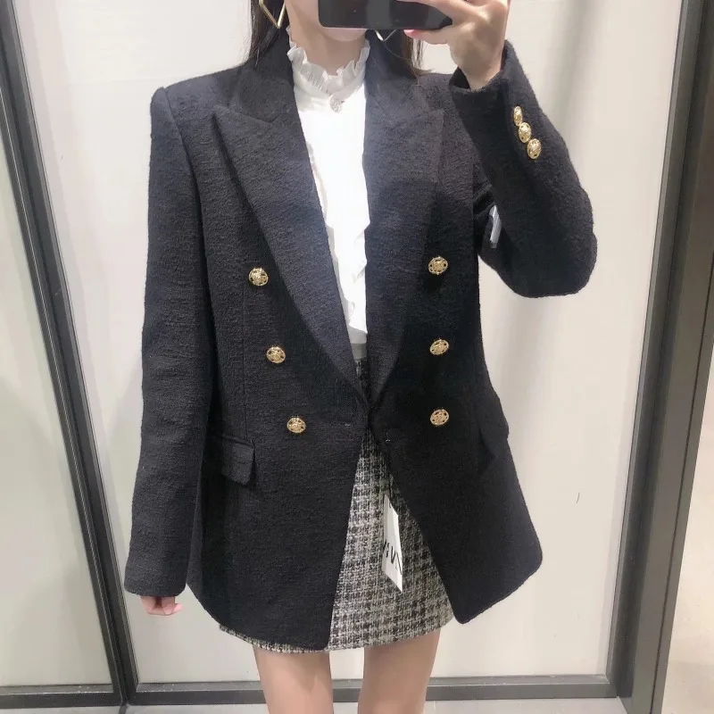 Autumn/Winter 2024 gold button tweed coat temperament black mid-length textured suit woman