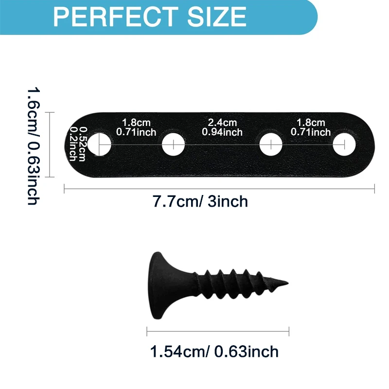 4/ 10/ 20pcs, Black Flat Straight Brace, Metal Mending Brackets, 16/ 40/ 80Pcs Screws (Black, 17x76mm)