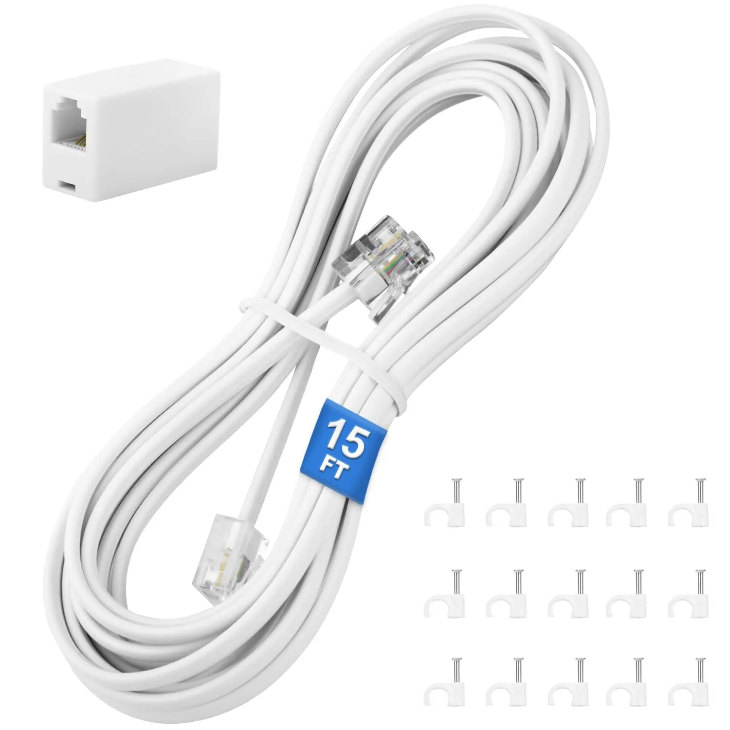 15ft Telephone Extension Cable with RJ11 Plug, In-line Coupler & 15 Cable Clips for Clear Calls