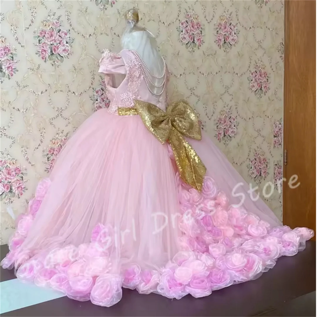 

Customized Pink Flower Girl Dress For Wedding 3D Flowers Appliques Gold Bow Beading Gorgeous Princess Birthday Party Prom Gown