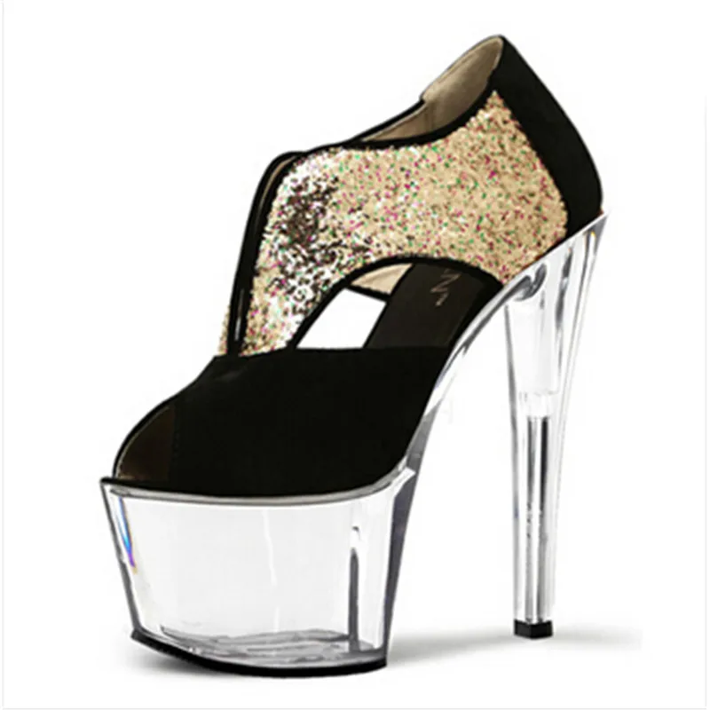 

17cm Spring Glitter Golden/Silver Women Pumps Open Toe Crystal Shoes Ultra-High Platform High Heel Sexy Party Shoes