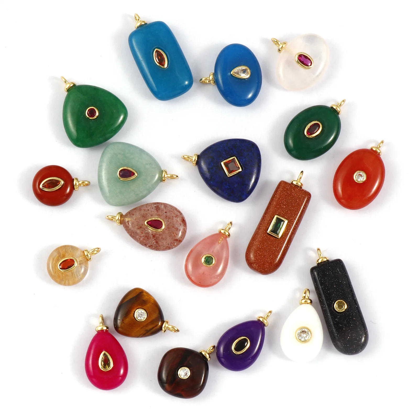 1 Piece Brass & Cubic Zirconia Natural Stone Geometric Charms 18K Gold Plated Olivary Round Pendant For DIY Necklace Making