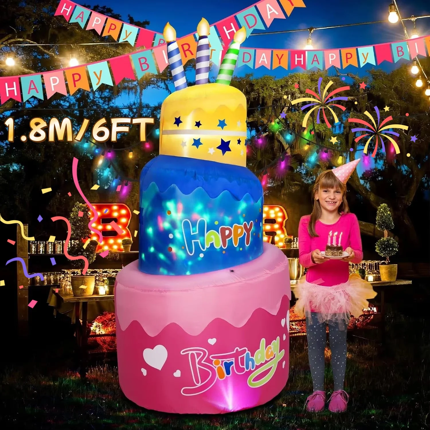 Birthday Party Holiday DIY Decorations 1.8M/6FT Happy Birthday Inflatable Cake Candles Outdoor Indoor Home Celebration Decor