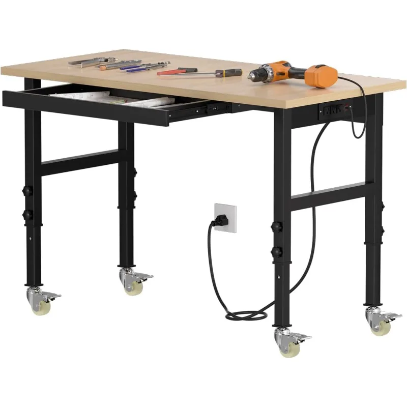 60” Heavy-Duty Rubber Wood Work Bench, Height Adjustable Workbench with Power Outlets, 2500 Lbs Capacity Work Table with