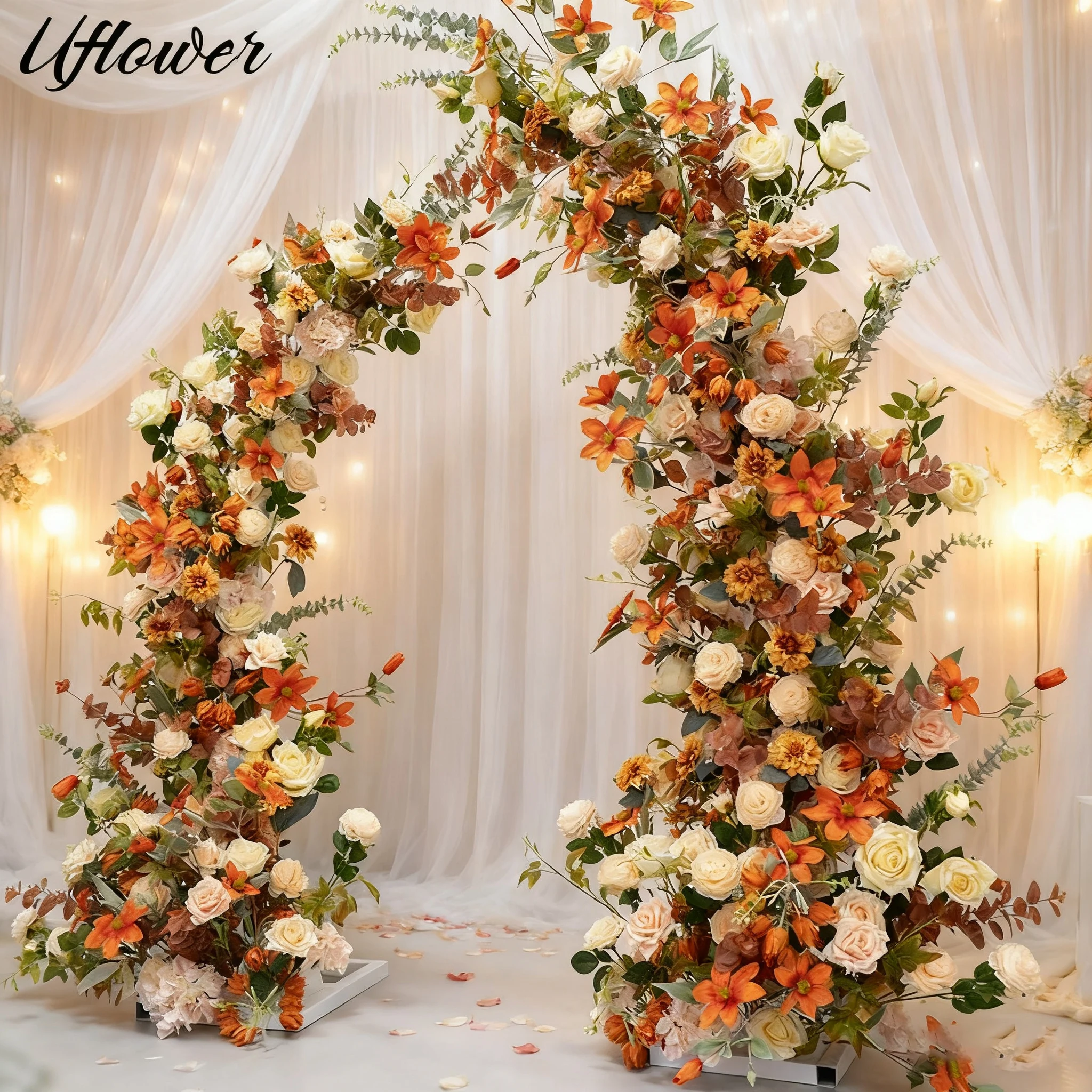 Uflower Hochzeit Hintergrund Horn Bogen Dekor Champagner Orange Rose Blumenwand Blumenarrangement Event Party Bühne Blumenreihenständer