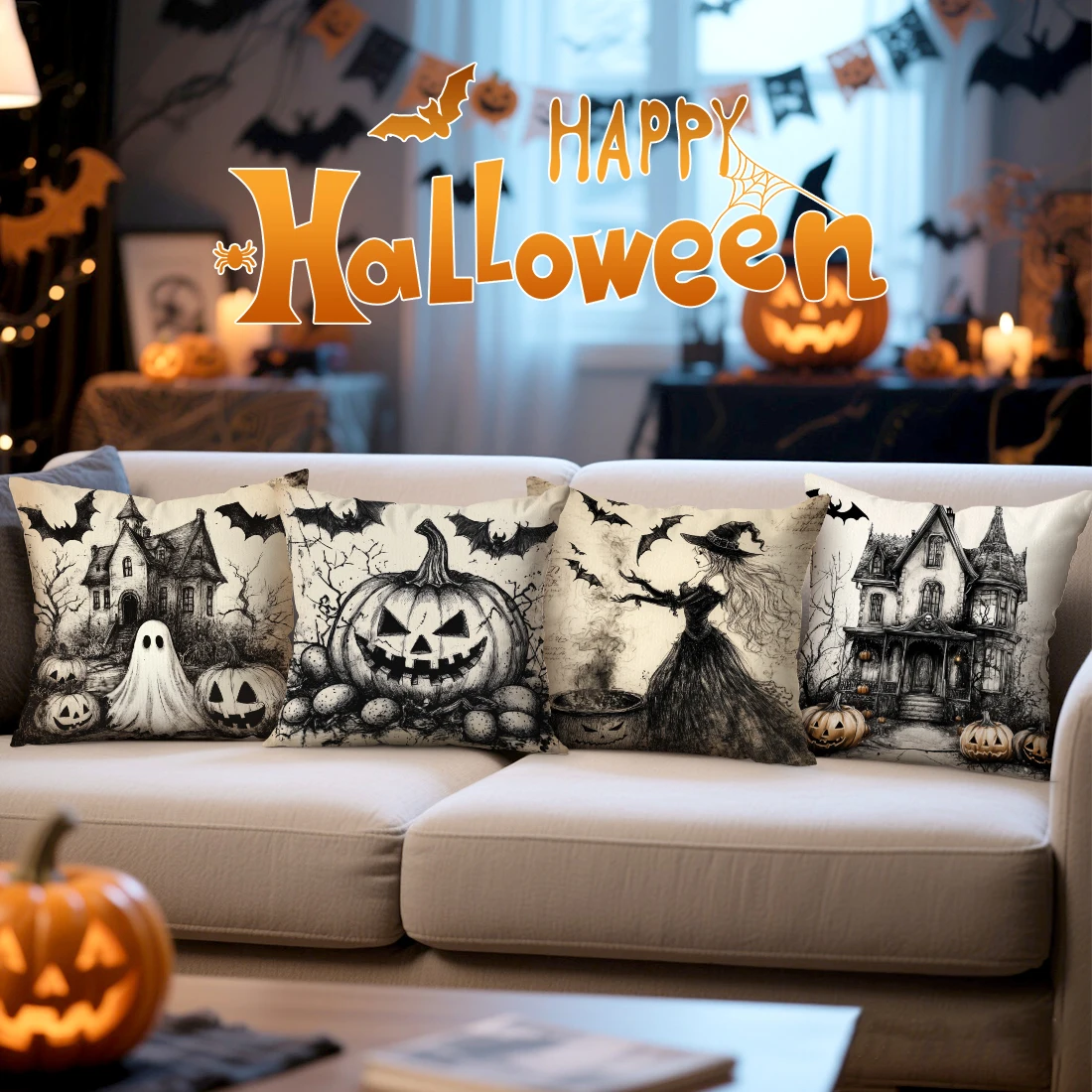 Pumpkin Witch Castle Ghost Pillowcase Printed Polyester 45x45cm Throw Pillowcover Decorative Sofa Cushion Pillowslip Home Decor