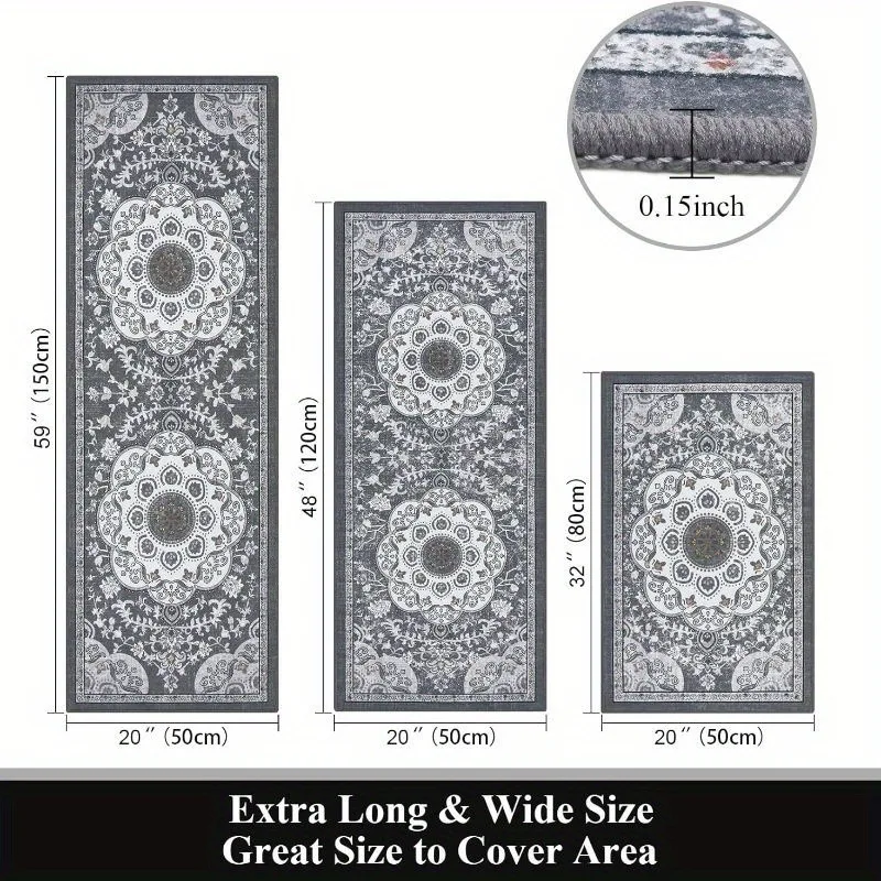 طقم سجادة أرضية مكون من 3 قطع على الطراز البوهيمي سجادة مطبخ غير قابلة للانزلاق مريحة وقابلة للغسل لتزيين المطبخ وممر غرفة النوم والمكتب
