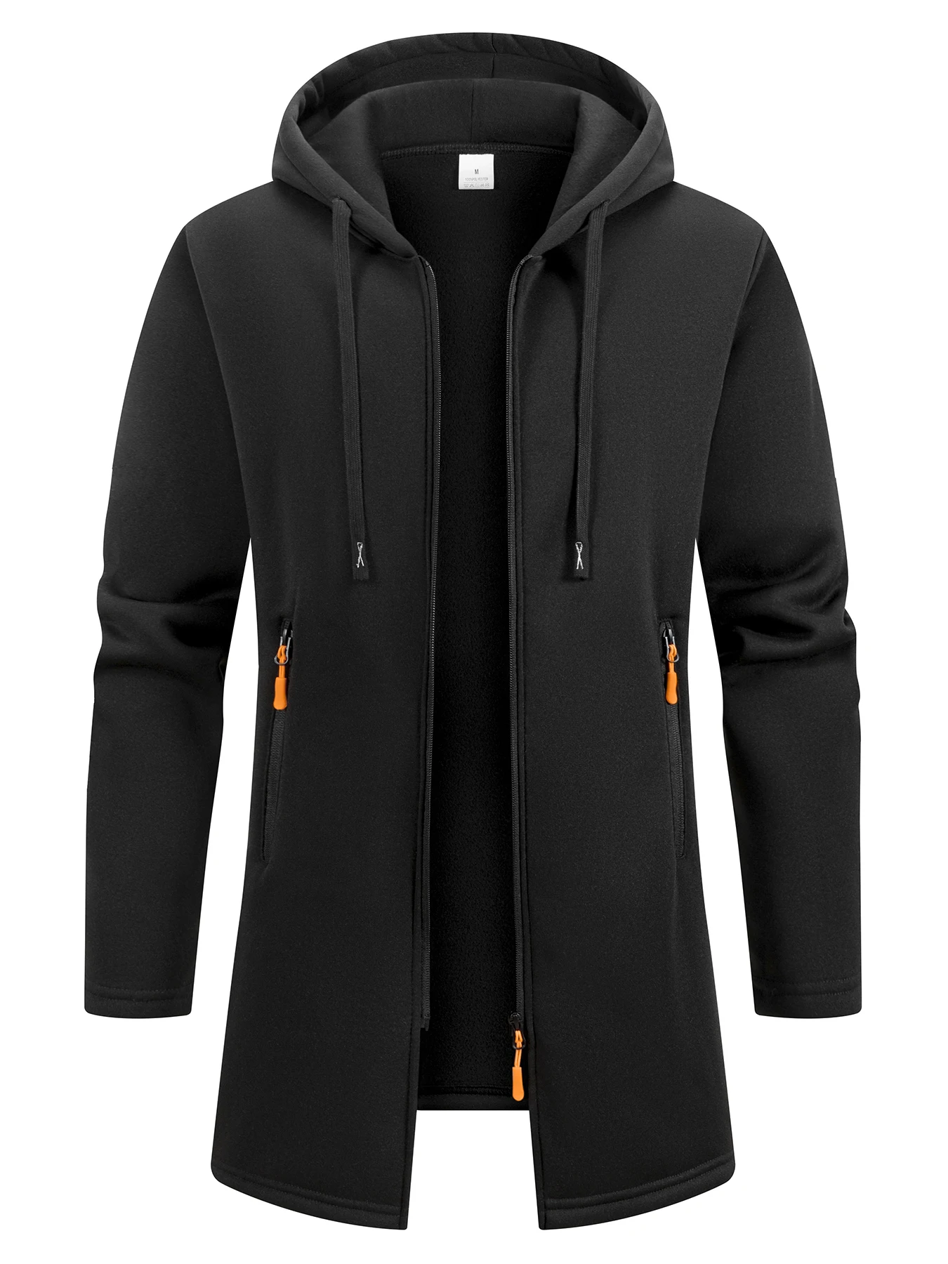 Men Mid Length Hooded Coat Full Zip Drawstring Hood Warm Outerwear Zipper Side Pockets Casual Jacket For Fall Winter
