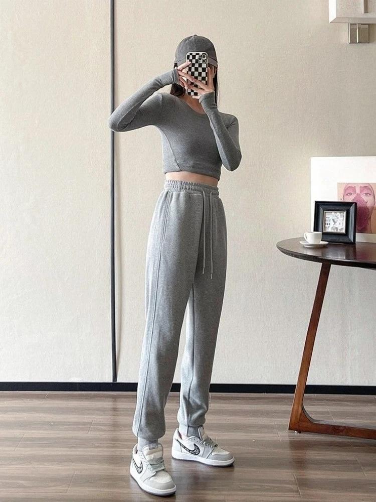 Spring Summer Women Cotton Thin Gray Harem Sweatpants Quick Dry Loose Elastic Cuffed Slim Fit Casual Joggers Trousers New