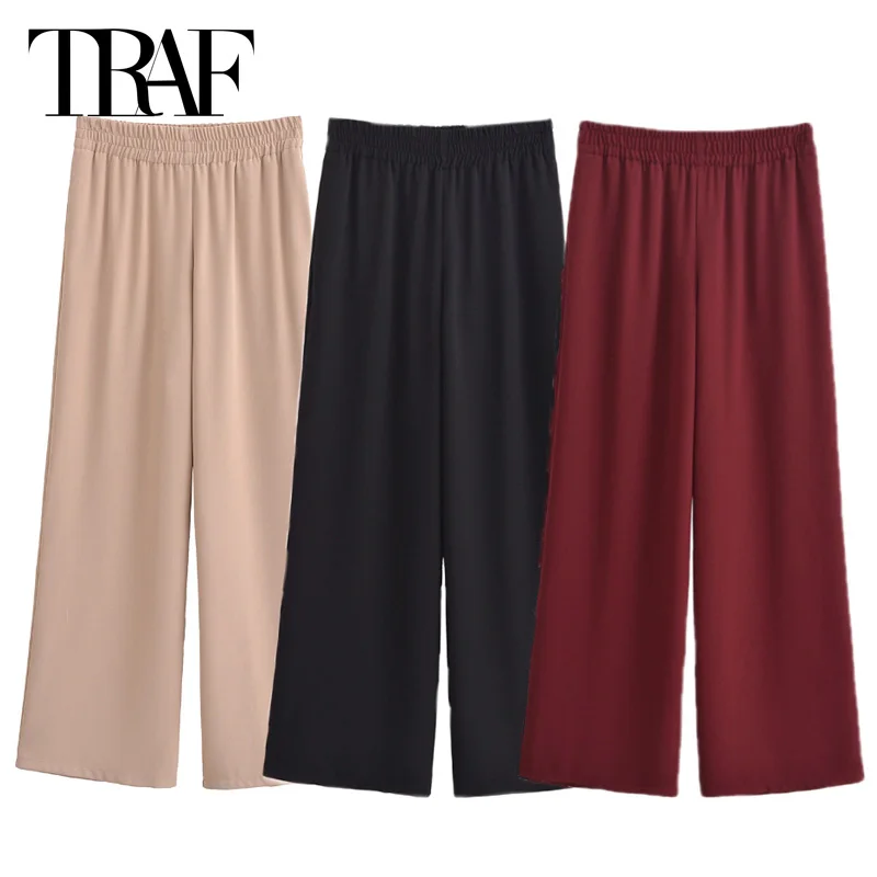 

TRAF Women's Pants Wide Pants Woman Spring 2025 Burgundy Khaki Black Trousers Baggy High Waist Pants Ladies Fashion Casual Pants