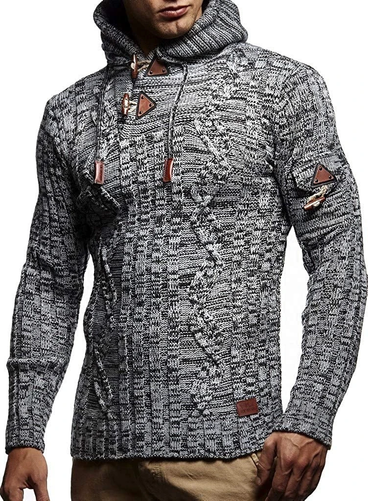 

Autumn and winter fashion men's knitted pullover long sleeved hooded shoulder patch with horn buckle slim fit men's sweater