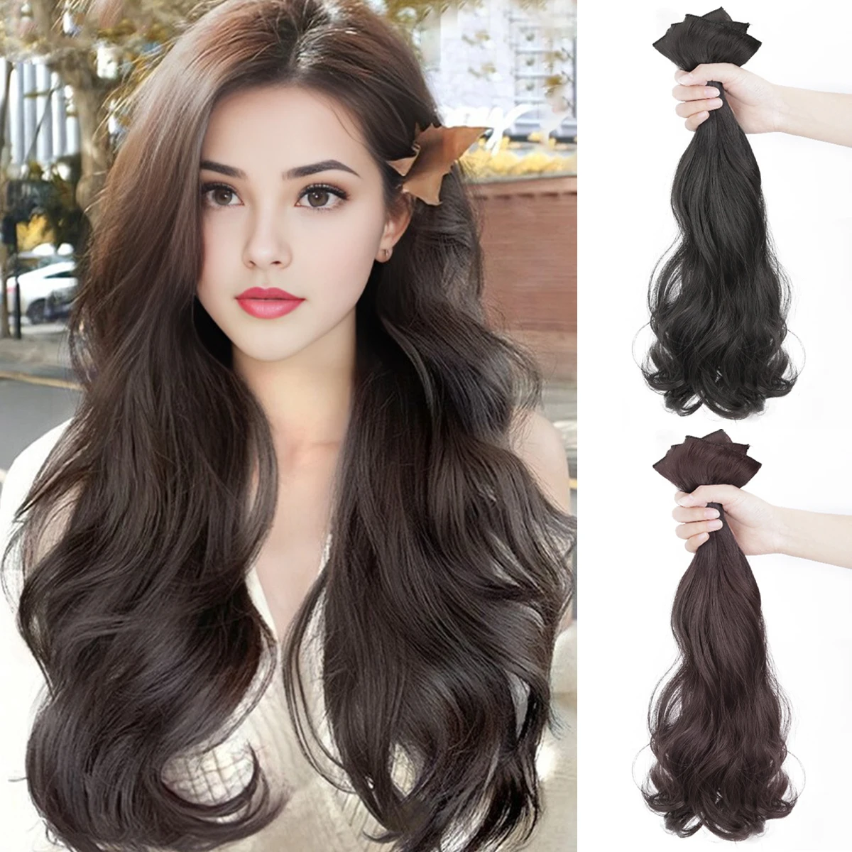

50CM-60CM synthetic long curly hair 3-piece wig female invisible seamless big wave daily wear hair extension wig piece