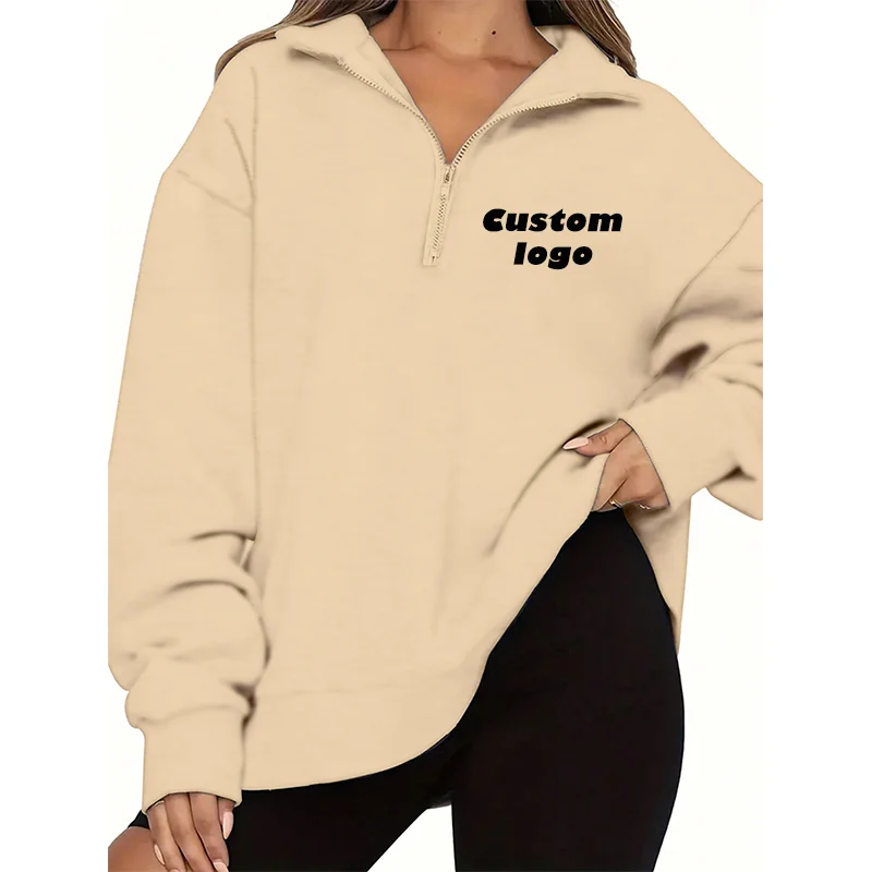 Custom LOGO Women\'s Stand Collar Pullover Simple Unprinted Zipper Sweatshirt Casual Loose Sportswear Hoodie Street Style Women
