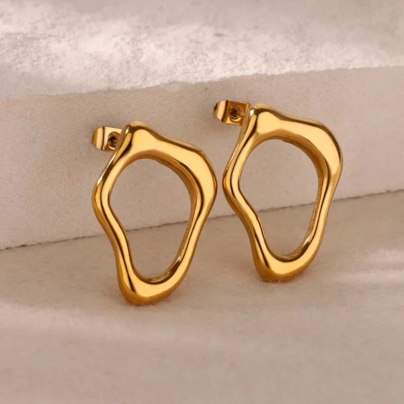 Irregular Hollow Cute Stainless Steel Stud Earrings for Women Gold Color Wedding Aesthetic Irregular Texture Earring Jewelry BFF