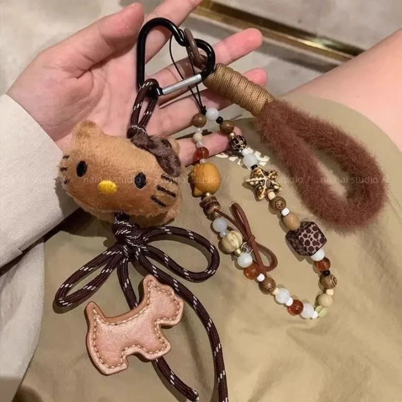 Sanrios-ブラックレザーハローキティキーホルダー,編みこみロープ,カワイイ,クリエイティブなファッションバッグのペンダント,バケーションギフト