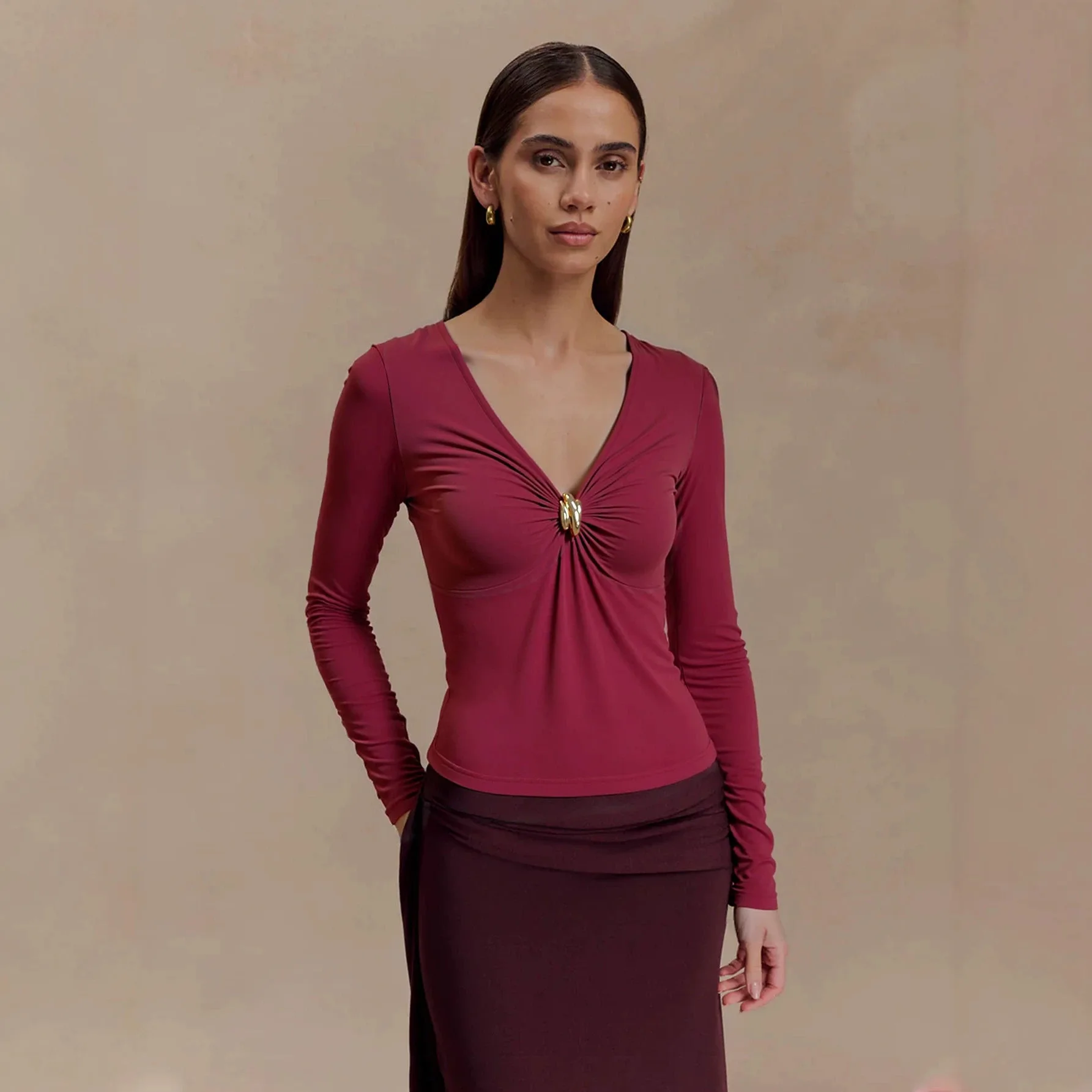 Women Slim Fit Long Sleeve T Shirt V Neck Metal Buckle Twist Knot Tops Blouse