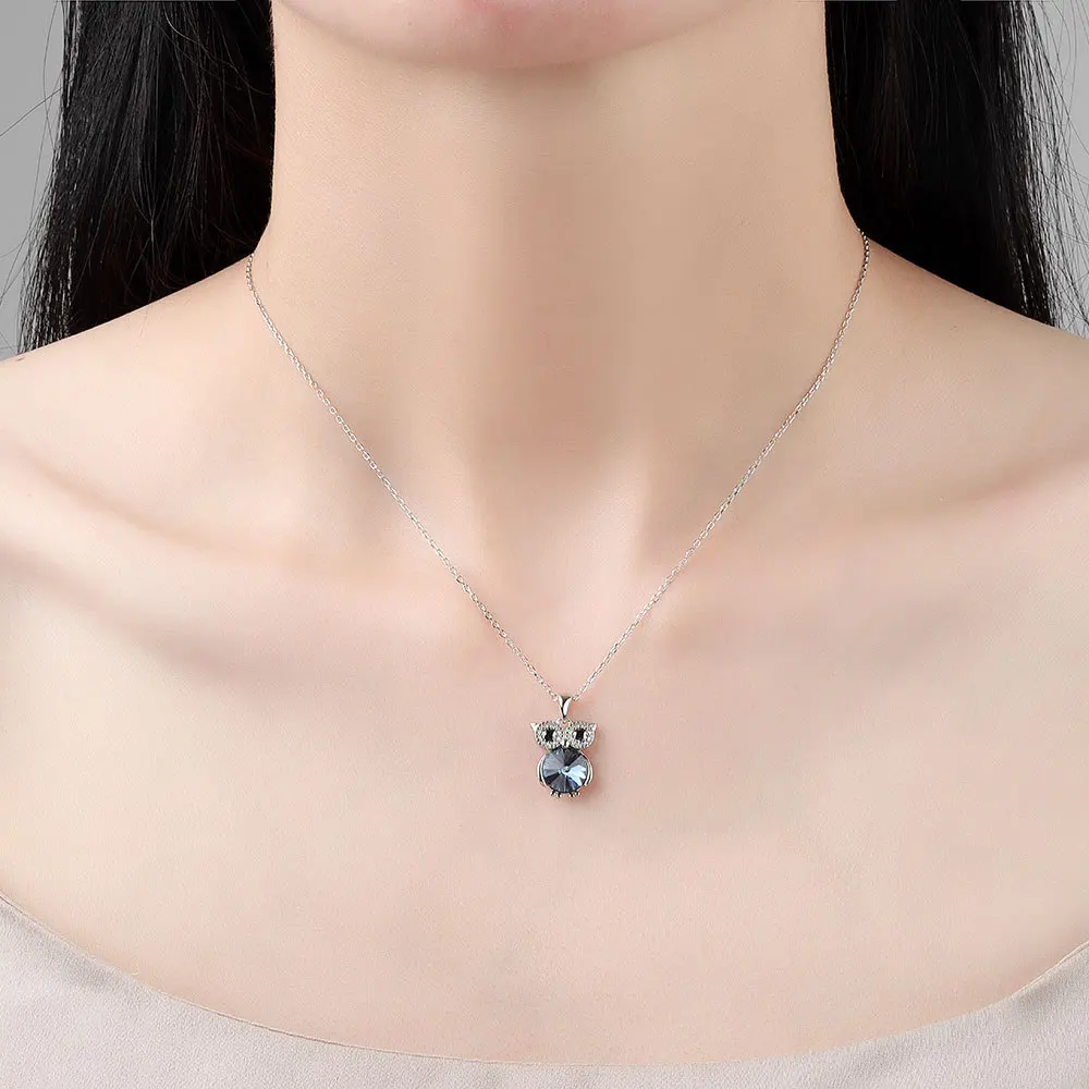 Silver color Blue Cute Owl Stone Choker Necklace For Women Wide Fine Jewelry Wedding Party Birthday Gift