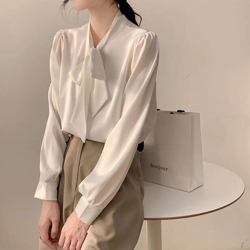 Elegant V-Neck Bow Long Sleeve Loose Satin Blouse Plus Size Spring Autumn Solid Color Tops Fashion Commute Women Clothing Shirt