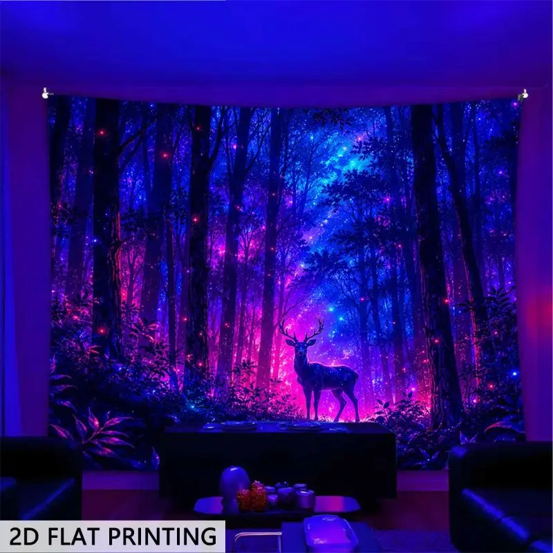 Fantasy Deer Forest Tapestry Neon Starry Woodland Polyester Wall Hanging UV Reactive Magical Aesthetic Bedroom Dorm Home Decor