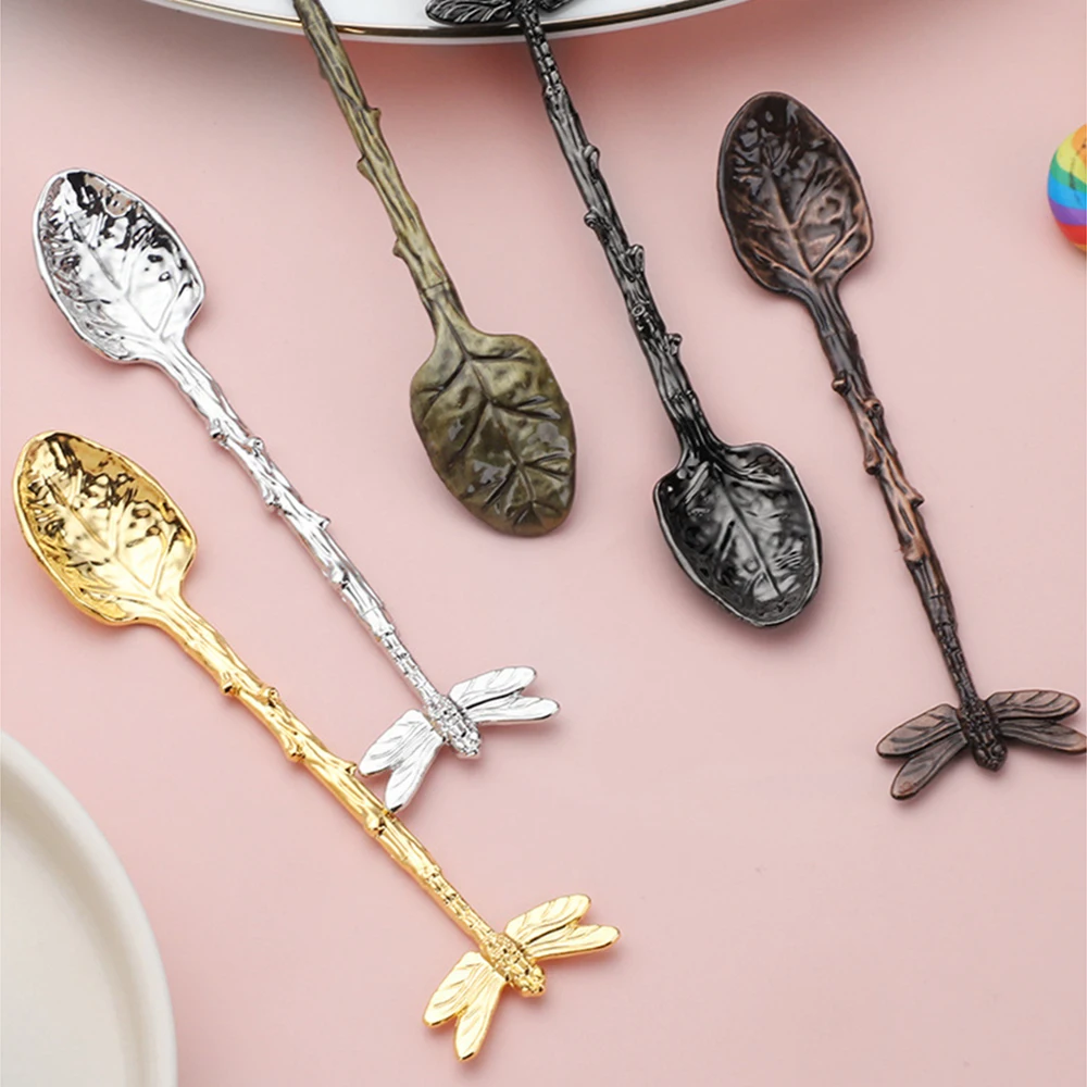 Retro Dessert Spoon Dragonfly Twig Decorative Stirring Safety Elegant Kitchen Alloy Leaf Spoon Lightweight Portable Coffee Spoon