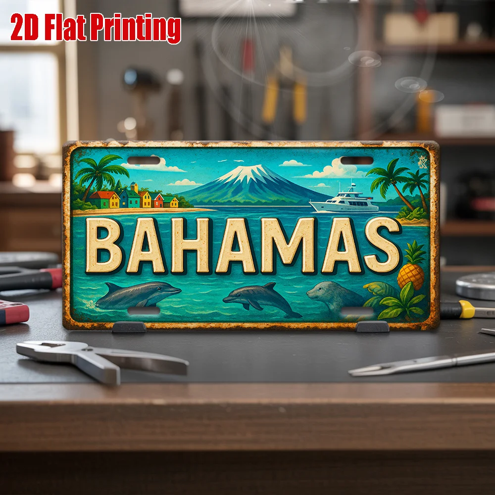 2D Flat Printing Iron Tin Plaque 15x30cm Bahamas Tropical Ocean Scene Metal Wall Decor Home Backyard Art Sign