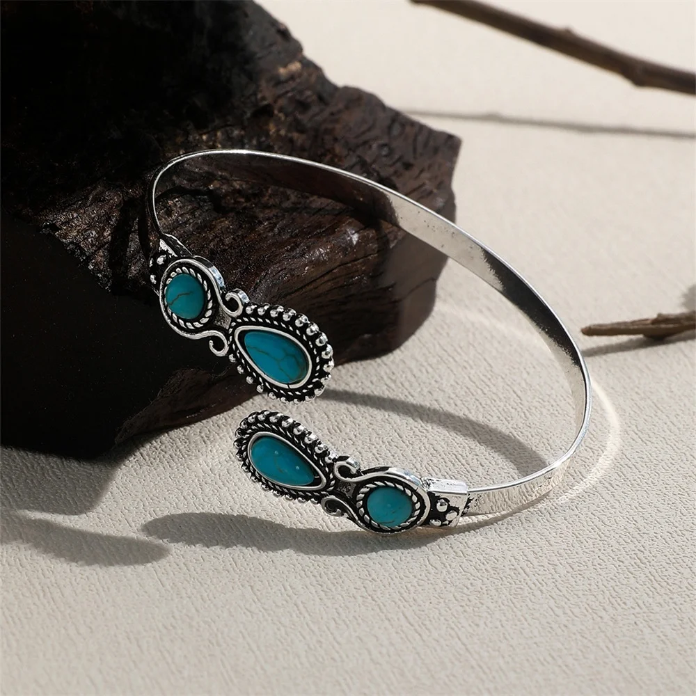 1 Pc Western Turquoise Stone Antique Cuff Bangle Bracelet for Women Jewelry Accessories