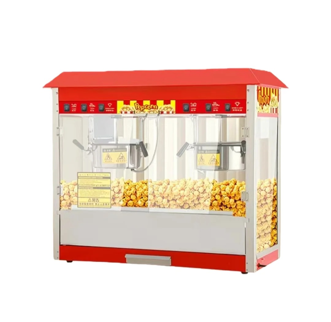 220V Electric Double Pot Commercial Popcorn Maker New Automatic Snack Machine with Heating Corn Fruit Core Components Motor